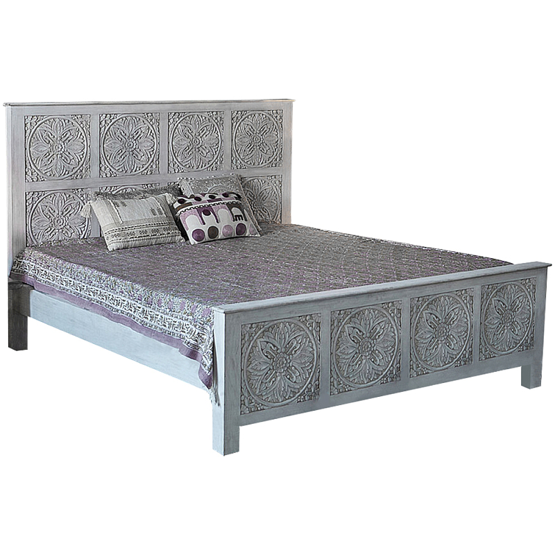 Двуспальная кровать из массива манго с резьбой Floro Grey Mango Bed Бежевый Двуспальная кровать из массива манго с резьбой Floro Grey Mango Bed Бежевый в Челябинске | Loft Concept
