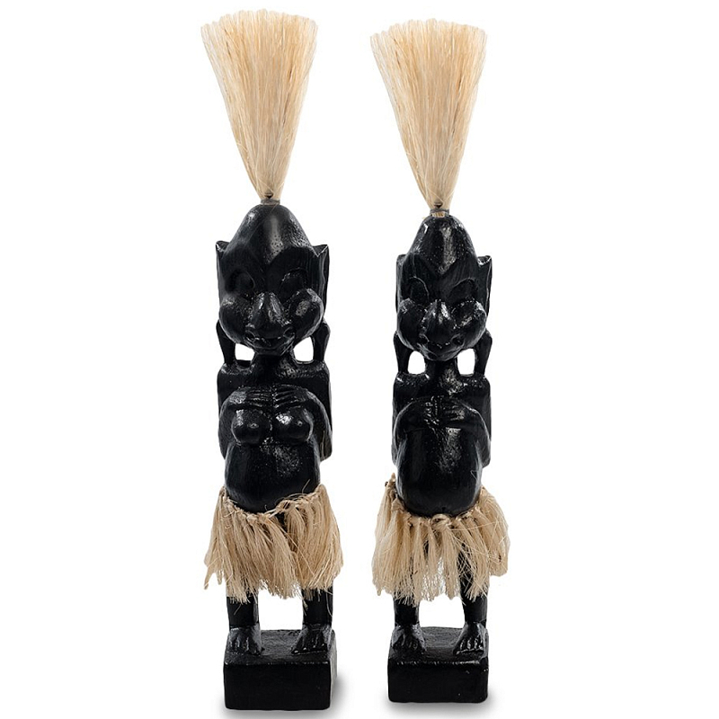 Комплект из 2-х деревянных статуэток Asmat Straw Headdress Statuettes Black Черный Бежевый Комплект из 2-х деревянных статуэток Asmat Straw Headdress Statuettes Black Черный Бежевый в Челябинске | Loft Concept