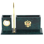 Настольный письменный набор с гербом России и часами из природного камня змеевик Successful Leader варинант исполнения - 1 | Loft Concept в Челябинске