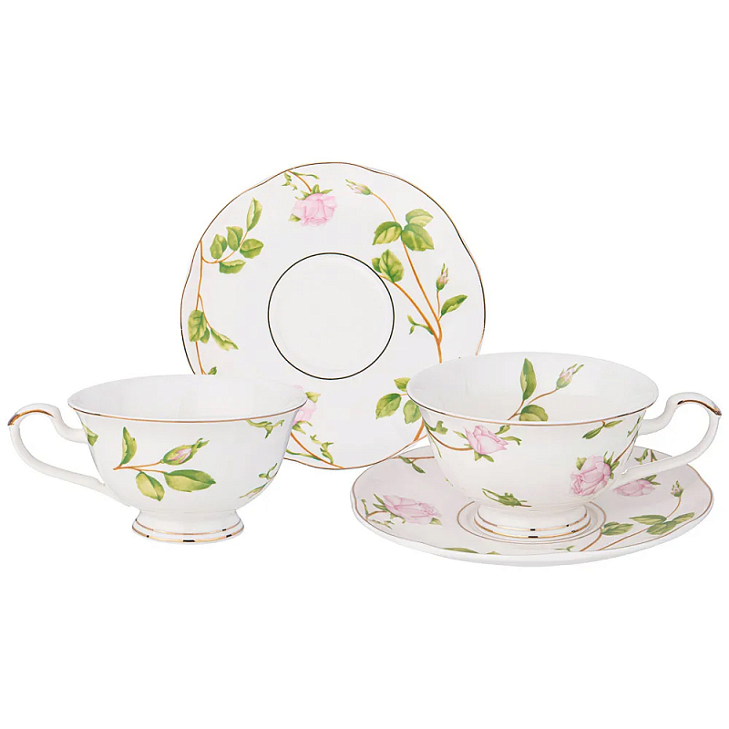 Чайный набор из фарфора белый с цветочным принтом на 2 персоны 4 предмета Flower Porcelain Collection Белый Мульти в Челябинске | Loft Concept 