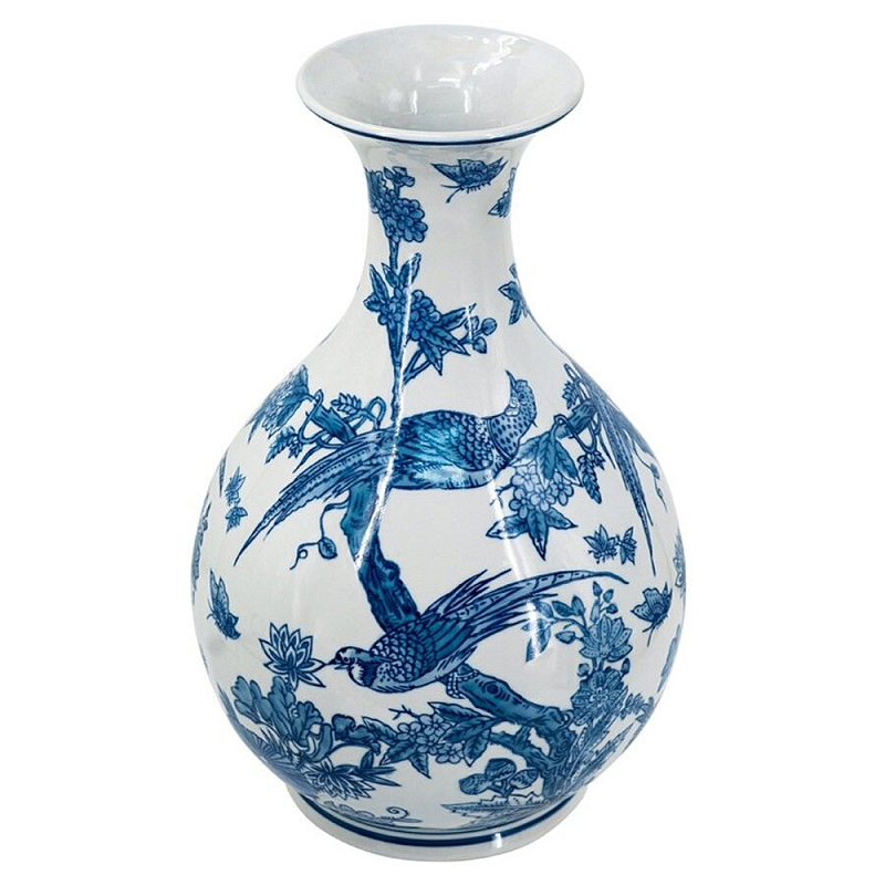 Ваза с мотивами цветущего сада с попугаями Blue Vase Inspired by Nature Синий Белый в Челябинске | Loft Concept 