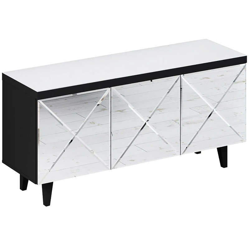 Длинная тумба с зеркальным декором Arden Cabinet Черный Белый Зеркало Длинная тумба с зеркальным декором Arden Cabinet Черный Белый Зеркало в Челябинске | Loft Concept