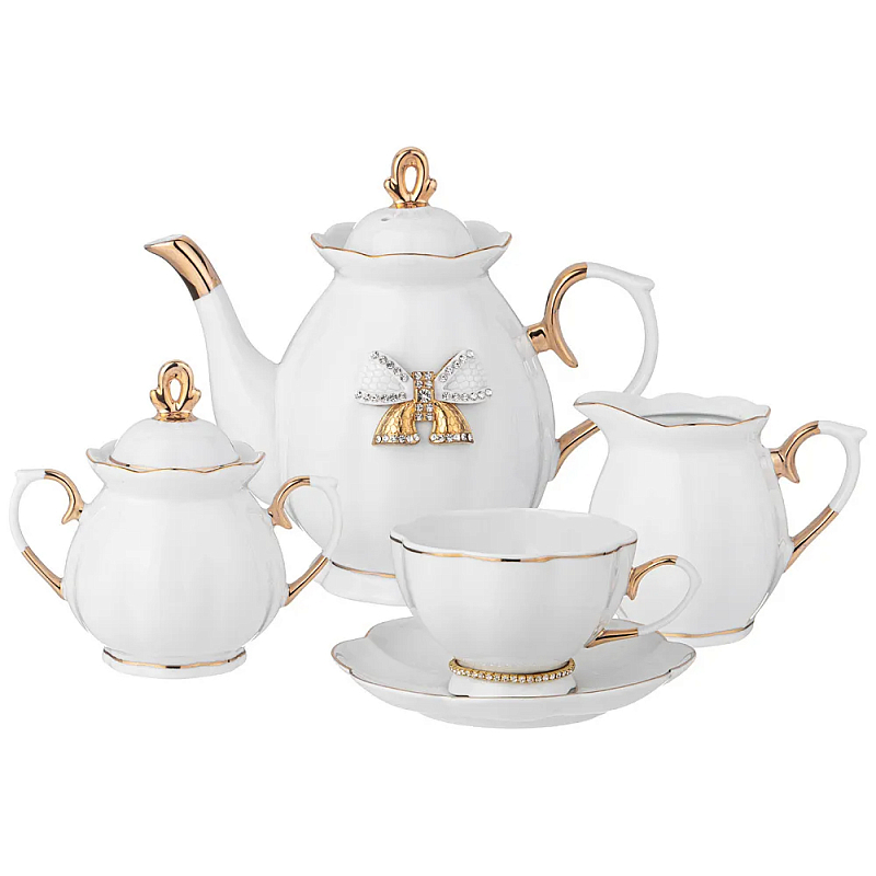 Чайный сервиз из фарфора со стразами на 6 персон 15 предметов Shine Porcelain Белый Золотой в Челябинске | Loft Concept 