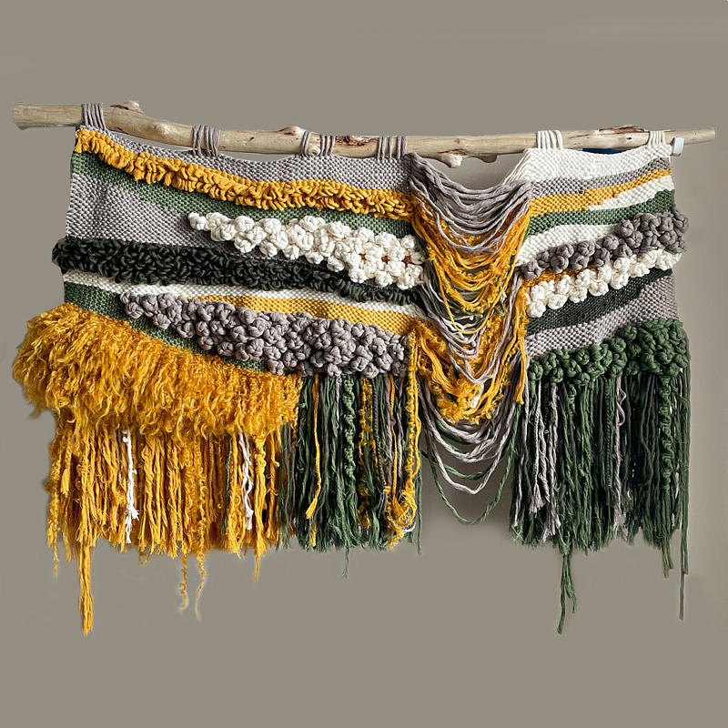 Дизайнерское текстильное Панно с оранжевыми вставками Белый Оранжевый Коричневый в Челябинске | Loft Concept 