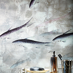 Обои ручная роспись Fishes Blue Pearl on Tarnished Silver gilded silk with pearlescent antiquing варинант исполнения - 5 | Loft Concept в Челябинске