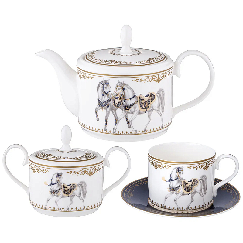 Чайный сервиз из фарфора с изображением лошадей на 6 персон 14 предметов Porcelain Horse Set Белый Синий Чайный сервиз из фарфора с изображением лошадей на 6 персон 14 предметов Porcelain Horse Set Белый Синий в Челябинске | Loft Concept