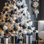 Украшенная Белая Новогодняя Елка с сине-белыми шарами и и муляжами подарков в комплекте варинант исполнения - 2 | Loft Concept в Челябинске