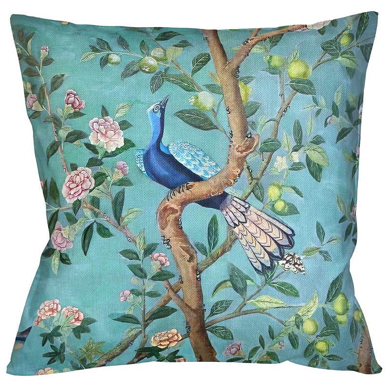 Подушка декоративная с изображением птицы в саду Chinoiserie Bird in the Garden Cushion Мульти Бирюзовый Подушка декоративная с изображением птицы в саду Chinoiserie Bird in the Garden Cushion Мульти Бирюзовый в Челябинске | Loft Concept