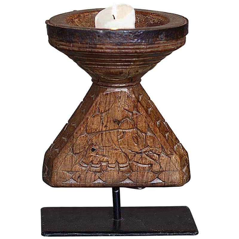 Подсвечник из массива тика на металлической подставке Wooden Carved Candlestick Коричневый Подсвечник из массива тика на металлической подставке Wooden Carved Candlestick Коричневый в Челябинске | Loft Concept