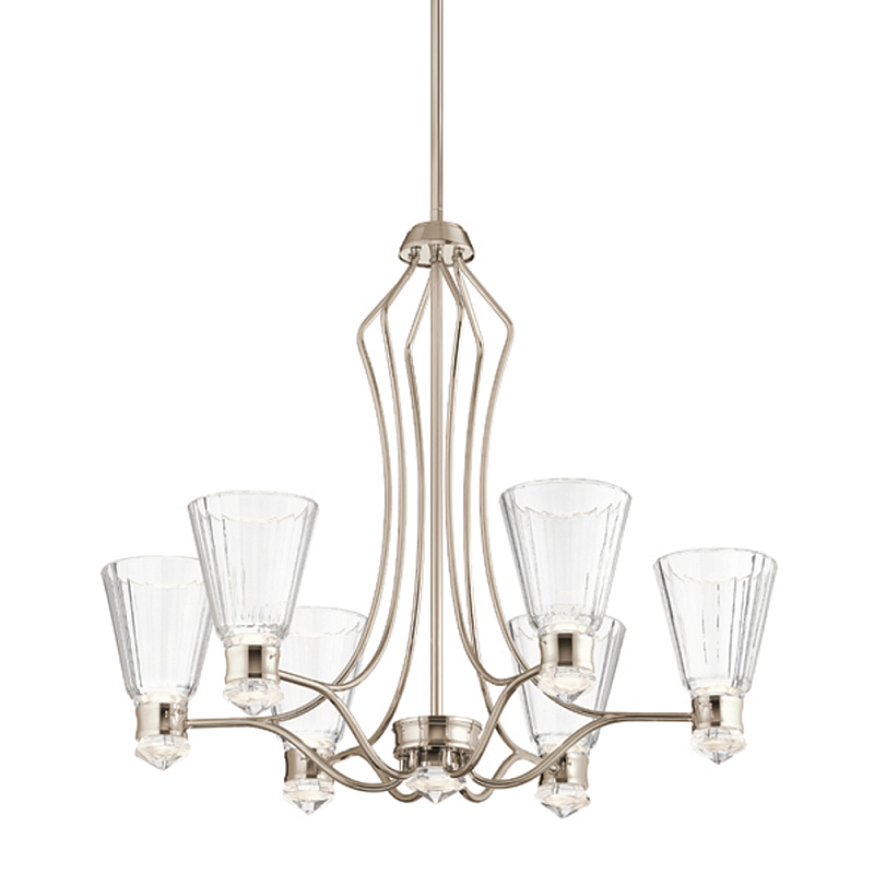 Люстра цвета никель с 6-ю рифлеными стеклянными плафонами и изогнутым каркасом Kichler Никель Белый Прозрачное Стекло в Челябинске | Loft Concept 
