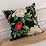 Декоративная подушка чёрная с изображением птиц и цветов Blooming Reds Birds варинант исполнения - 2 | Loft Concept в Челябинске