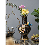 Ваза черная фарфоровая с  узором и бронзовым декором в виде веток с фарфоровой птичкой и цветами Eden Garden варинант исполнения - 2 | Loft Concept в Челябинске