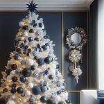 Украшенная Белая Новогодняя Елка с сине-белыми шарами и и муляжами подарков в комплекте варинант исполнения - 1 | Loft Concept в Челябинске
