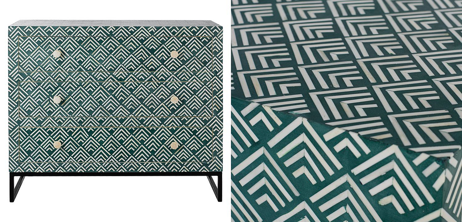 Комод инкрустация костью Green Indian Bone Inlay 3 drawer Зеленый Комод инкрустация костью Green Indian Bone Inlay 3 drawer Зеленый - Loft-Concept в Челябинске