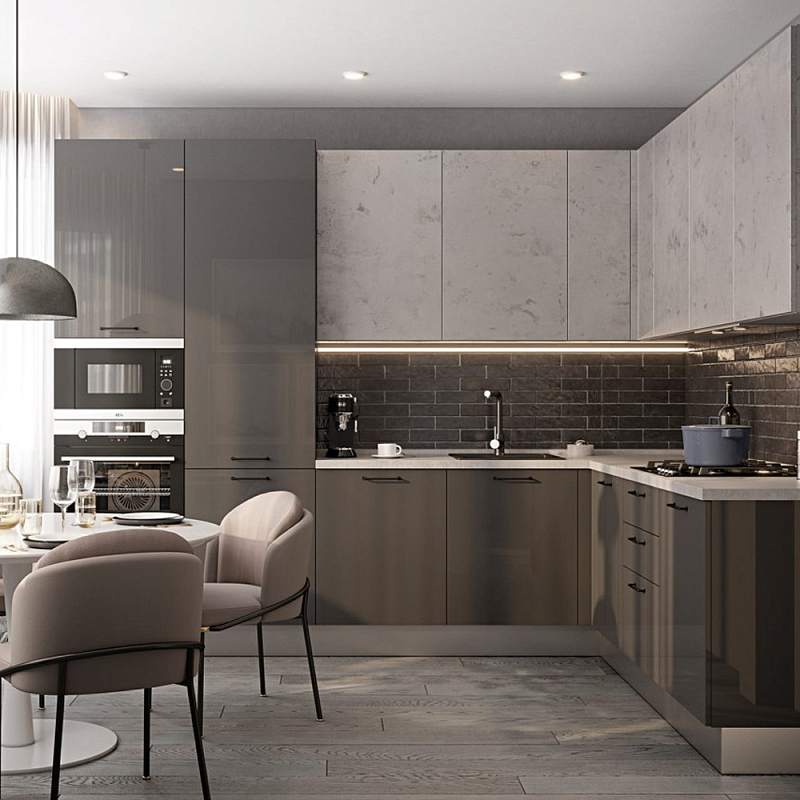 Кухонный гарнитур с серым глянцевым фасадом Onfroi Moss Grey Kitchen Set Серый Кухонный гарнитур с серым глянцевым фасадом Onfroi Moss Grey Kitchen Set Серый в Челябинске | Loft Concept