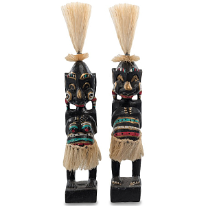 Комплект из 2-х деревянных статуэток Asmat Straw Headdress Statuettes Black Colorful Tattoo