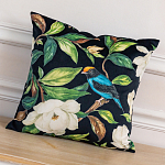 Декоративная подушка чёрная с изображением птиц и цветов  Blooming Blue Birds варинант исполнения - 2 | Loft Concept в Челябинске