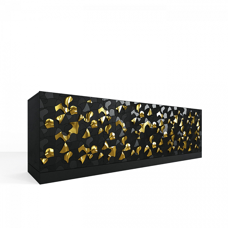 Комод большой инкрустированный золотым орнаментом Wooden Petals Gold Черный Белый Комод большой инкрустированный золотым орнаментом Wooden Petals Gold Черный Белый в Челябинске | Loft Concept