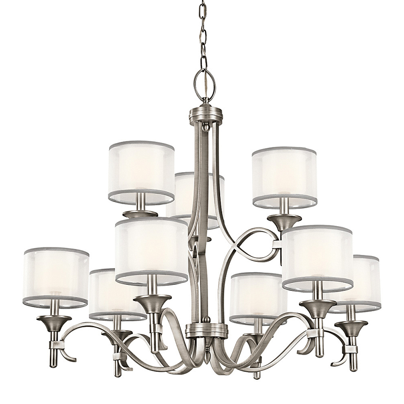 Люстра с белыми тканевыми абажурами в прозрачных стеклянных цилиндрах Kichler Белый Бежевый Никель Бронза Прозрачное Стекло в Челябинске | Loft Concept 